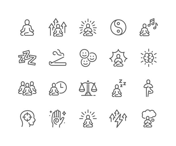 ilustraciones, imágenes clip art, dibujos animados e iconos de stock de iconos de meditación de línea - meditating