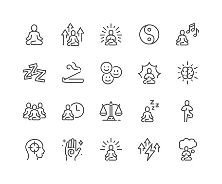 Simple Set of Meditation Related Vector Line Icons. 
Contains such Icons as Mindfulness, Balance, Group Meditation Session and more. Editable Stroke. 48x48 Pixel Perfect.