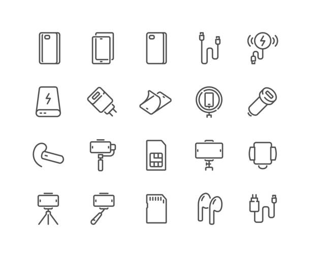 ilustraciones, imágenes clip art, dibujos animados e iconos de stock de iconos de accesorios móviles de línea - trípode