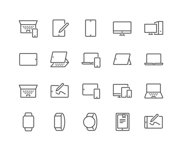 Line Personal Devices Icons Simple Set of Personal Devices Related Vector Line Icons. 
Contains such Icons as Unfolded Tablet, Desktop PC Workstation, Round and Square Smart Watch and more. Editable Stroke. 48x48 Pixel Perfect. laptop stock illustrations