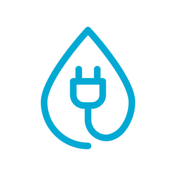 ilustrações, clipart, desenhos animados e ícones de ícone da linha de plugue de gota de água. energia hidrelétrica. símbolo de gota azul. - hydroelectric power
