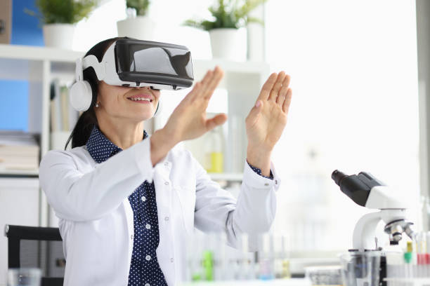 istock Doctor wearing virtual glasses in virtual reality in laboratory 1407651361