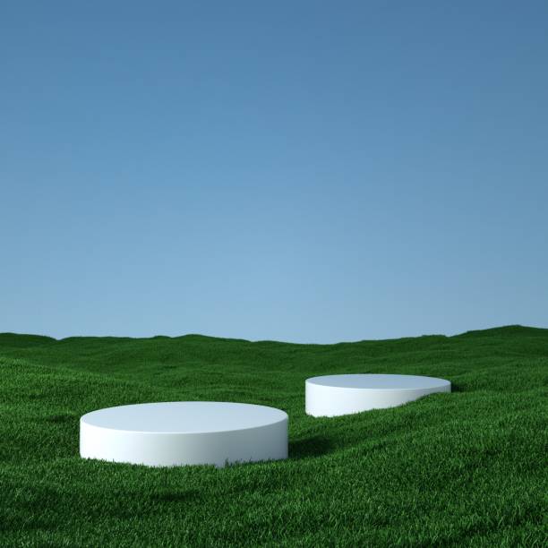 istock Natural coaster between grass with blue sky and white clouds, realistic natural background - 3D rendering 1407651362
