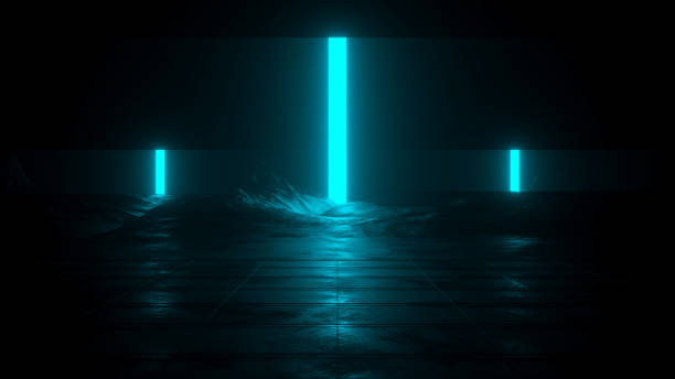 istock Retro futuristic background with neon light and mountains reflection - 3D rendering 1407651516