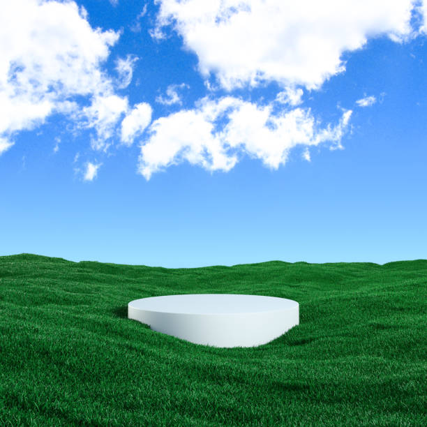 istock Natural coaster between grass with blue sky and white clouds, realistic natural background - 3D rendering 1407651602
