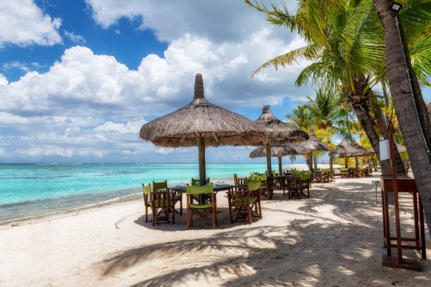 istock Beach restaurant on sandy beach in ocean coast in exotic tropical island. 1407652421