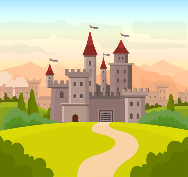 ilustraciones, imágenes clip art, dibujos animados e iconos de stock de ilustración vectorial para libro infantil con castillo de hadas. fortaleza mágica de cuento de hadas medieval fortaleza del palacio real. - castle fairy tale palace forest