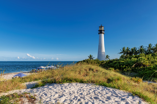 Florida beach and Cape Florida Lighthouse in Key Biscayne, Miami, Florida, USA
