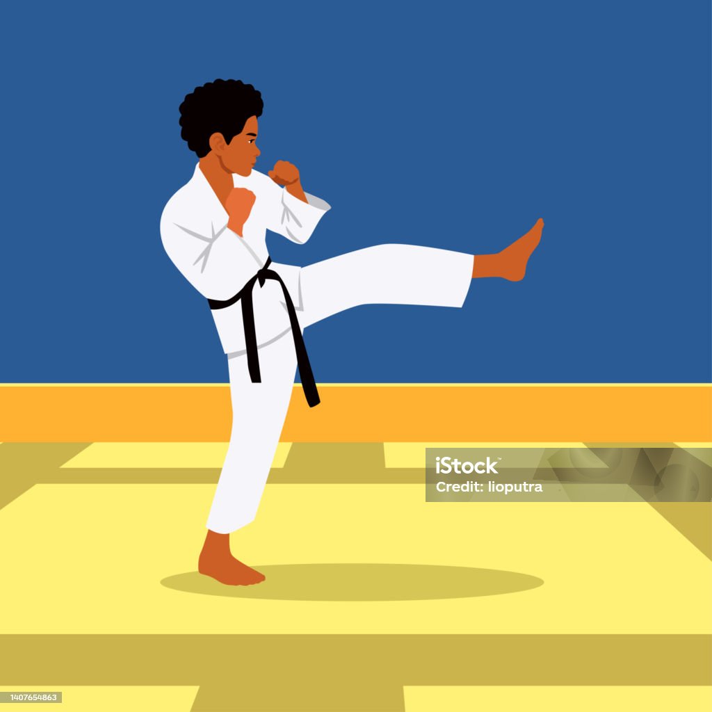 Karate martial arts tae kwon do dojo vector clipart cartoon Boy Kick - 免版稅兒童圖庫向量圖形