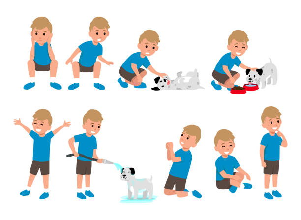 Cute little boy character activities set playing with dogs flat illustration isolated on layers Cute little boy character activities set playing with dogs flat illustration isolated on layers sad girl crouching stock illustrations