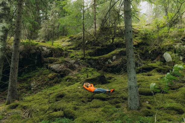 Woman contemplating nature of Sweden relaxing on moss in the forest Female traveler in orange enjoying a day in the scenic Swedish forest, lying on the soft moss simple living stock pictures, royalty-free photos & images