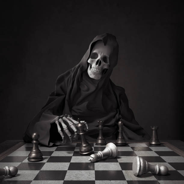 istock Chess board game concept of business idea, Grim Reaper is playing chess, 3d rendering 1407660490