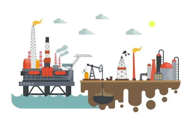 Vector illustration of Drilling for petroleum can be done both on land and at sea. To have enough oil in the future of humanity
