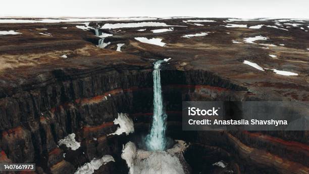 Scenic Aerial View Of The Hidden Huge Waterfall In The Colorful Canyon In Iceland Stock Photo - Download Image Now