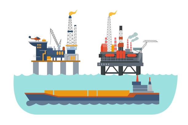 ilustrações de stock, clip art, desenhos animados e ícones de oil rigs at sea require large tankers to transport crude oil for refining onshore. to deal with the shortage of oil, more drilling rigs had to be added. - gas station fuel pump station gasoline