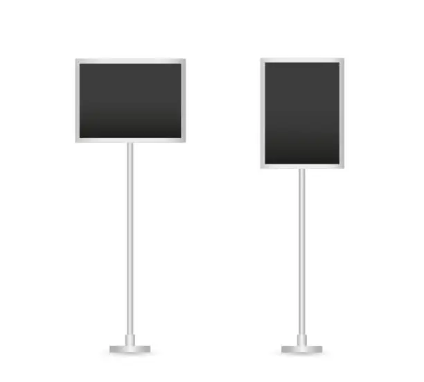 Vector illustration of Black sign holders, display board menu, advertising pedestals on white. Floor Poster stands or information displays in frame on steel poles. Horizontal and vertical. Vector realistic Mock up.