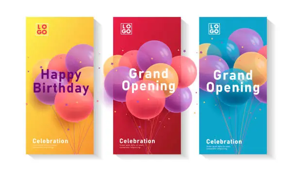Vector illustration of Set of leaflets or flyers with 3d Realistic Colorful Bunch of Birthday round Balloons, event invitation, grand opening celebration