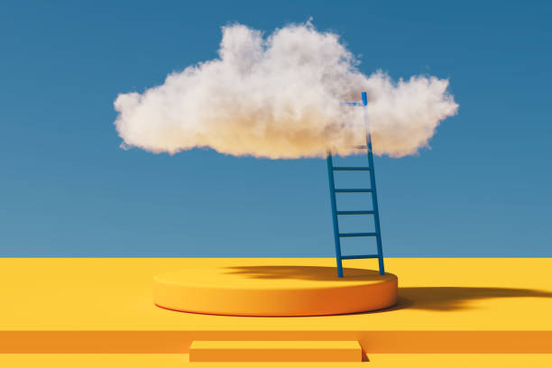 istock Yellow podium display and white clouds in the blue sky. 3d rendering. 1407664338