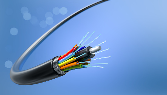 Fiber optic network, speed data connection cable technology background, 3d illustration.