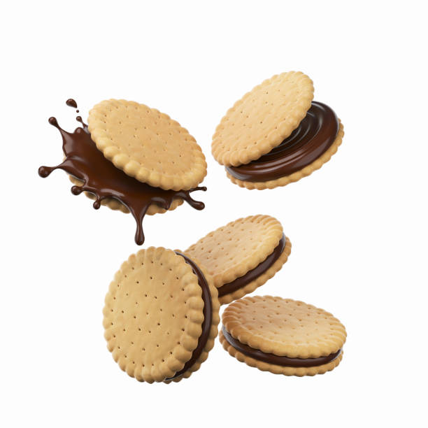 istock Sandwich cookies with chocolate fill, 3d illustration for biscuit package design. 1407664608