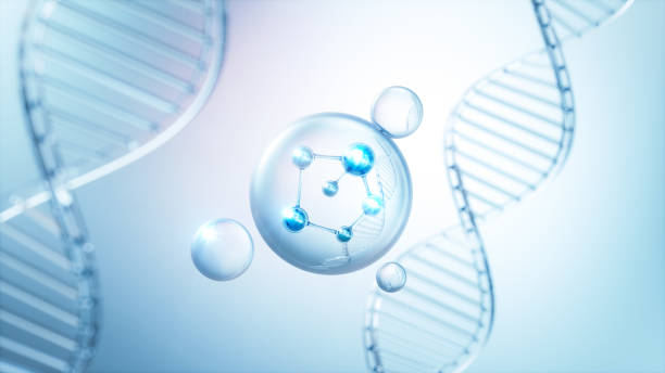 istock Cosmetic Essence oil Liquid Bubble with molecule on Dna background, 3d rendering. 1407665780