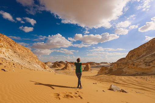 One Tourist among the Sands of the White Desert Protected Area in the Sahara Farafra Oasis, Egypt