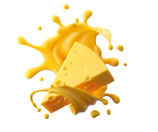 Cheese sauce splashing in the air with cheddar cheese, 3d rendering.