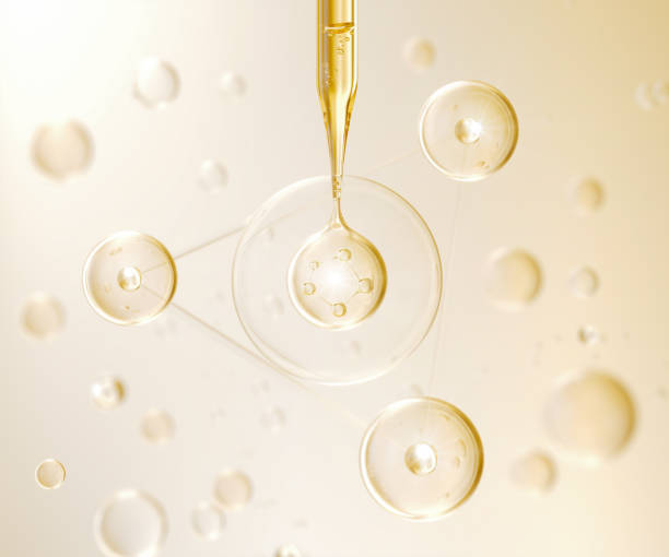 istock Cosmetic pipette with Cosmetic Essence oil and Molecule Model, Liquid drop background, 3d rendering. 1407666729