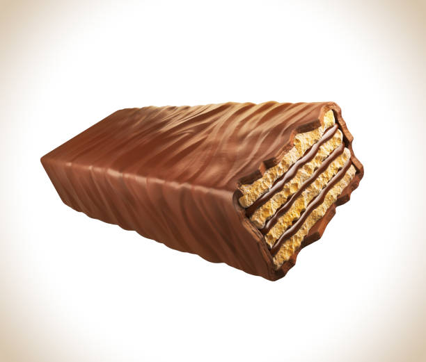 barra de chocolate, oblea cubierta de chocolate con clipping path fondo blanco aislado, ilustración 3d. - wafer fotografías e imágenes de stock
