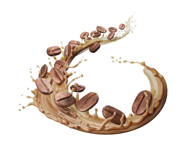 istock Milk coffee splash with Coffee Bean falling, 3d illustration. 1407666782