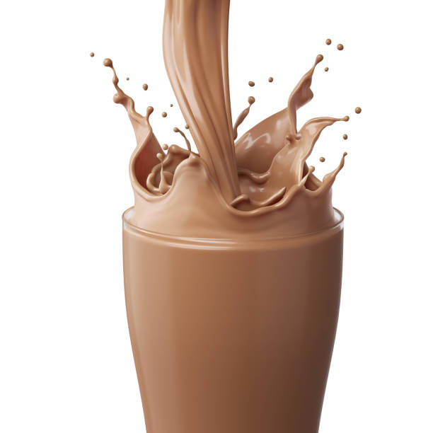 istock Chocolate milk or cocoa splashing in a glass, 3d rendering. 1407667058
