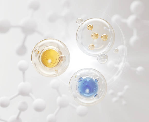 istock Collagen Serum bubble on Molecule Background, cosmetic oil liquid advertising 3d rendering. 1407667156