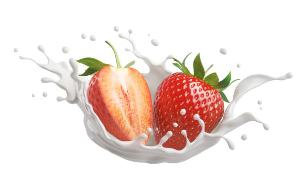 istock milk or yogurt splash with strawberries isolated on white background, 3d rendering. 1407667158