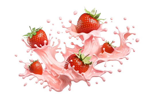 milk or yogurt splash with strawberries isolated on white background, 3d rendering.