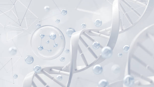 istock Cosmetic Essence, Liquid bubble, Molecule inside Liquid Bubble on DNA water splash background, 3d rendering 1407667292