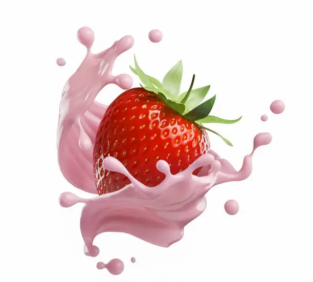 Photo of milk or yogurt splash with strawberries isolated on white background, 3d rendering.