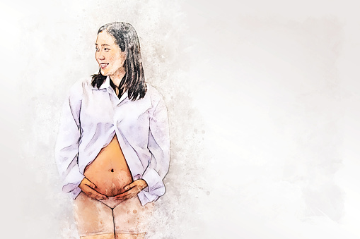 Asian female belly on sofa in house on watercolor illustration painting background.
