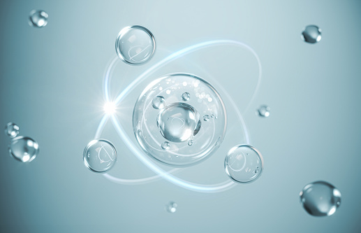 molécula de agua hidratante cosmética, Esencia cosmética, Burbuja líquida, Molécula dentro de burbuja líquida en fondo de agua, renderizado 3D photo