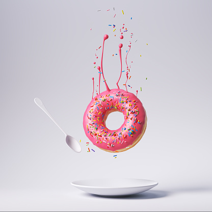 ink frosted donut with colorful sprinkles drop on the White plate isolate on color background. 3d rendering.