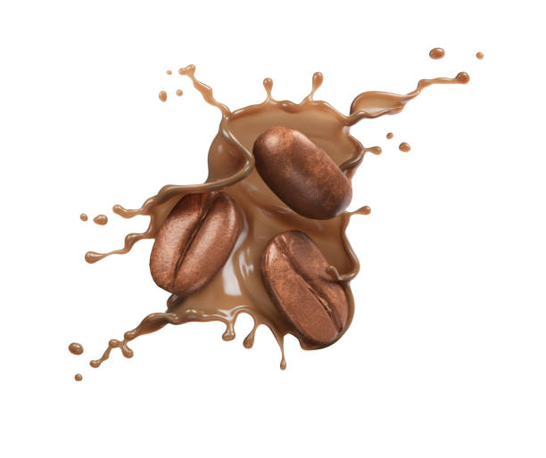 コーヒー豆が落ちるミルクコーヒーのしぶき、3dイラスト。 - モカ ストックフォトと画像
