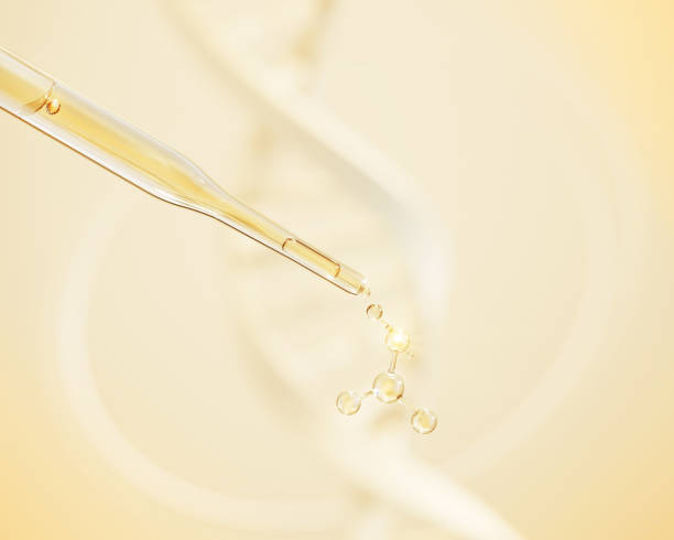 istock Cosmetic pipette with Cosmetic Essence oil Liquid drop with DNA molecule Helix, 3d rendering. 1407668707