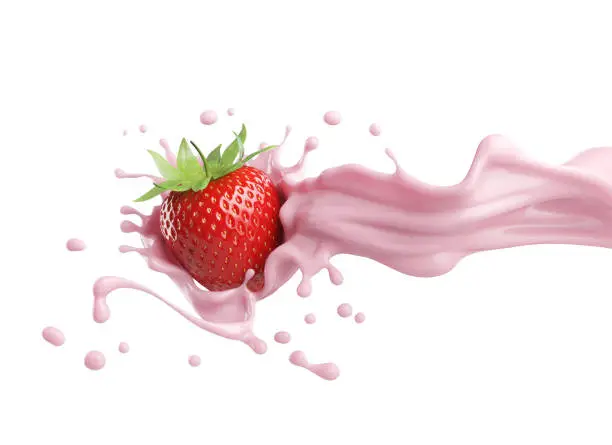 Photo of milk or yogurt splash with strawberries isolated on white background, 3d rendering.