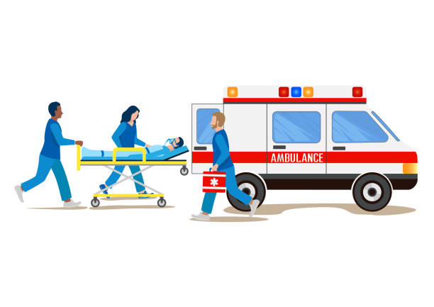 team von sanitätern, die einen patienten unterstützen - surgeon urgency expertise emergency services stock-grafiken, -clipart, -cartoons und -symbole