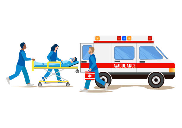 team of paramedics assisting a patient A team of paramedics assisting a patient. Ambulance, urgent medical care. Thank you doctors and nurses. Urgent hospitalization. Vector illustration. paramedic stock illustrations
