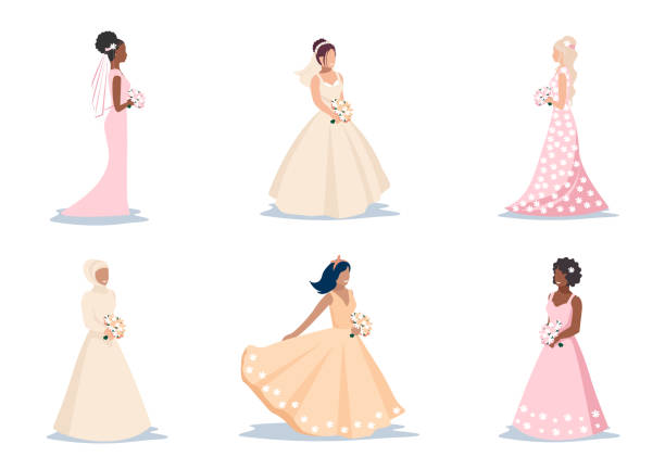 ilustrações de stock, clip art, desenhos animados e ícones de bride in wedding dress set - wedding bride wedding reception silhouette