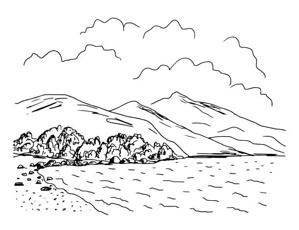 ilustrações, clipart, desenhos animados e ícones de desenho simples do vetor de contorno preto. costa do mar, pedras e rochas, arbustos. montanhas e nuvens. paisagem de verão, praia selvagem. esquete. turismo e viagens. - lagoon