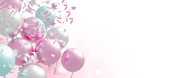 Balloons and foil confetti falling on white background with copy space 3d render