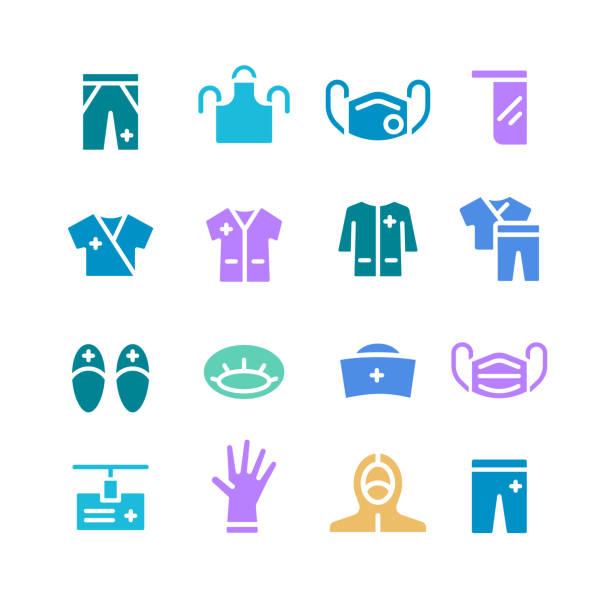 Medical gown glyph color filled icon solid illustration Medical gown solid icon for doctors and first aid workers and patients. Long sleeve, pockets. Vector glyph filled illustration for web, UI, stories highlights. nurse smock stock illustrations