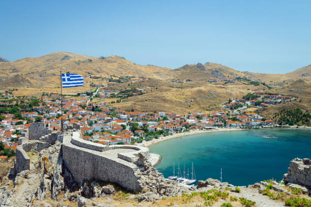 View from inside the Myrina Castle of the village capital of Myrina on the island of Lemnos in Greece stock photo