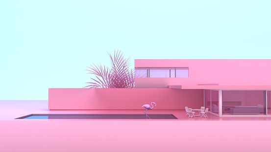 minimalistic modern private house exterior in pink with flamingos. 3d rendering